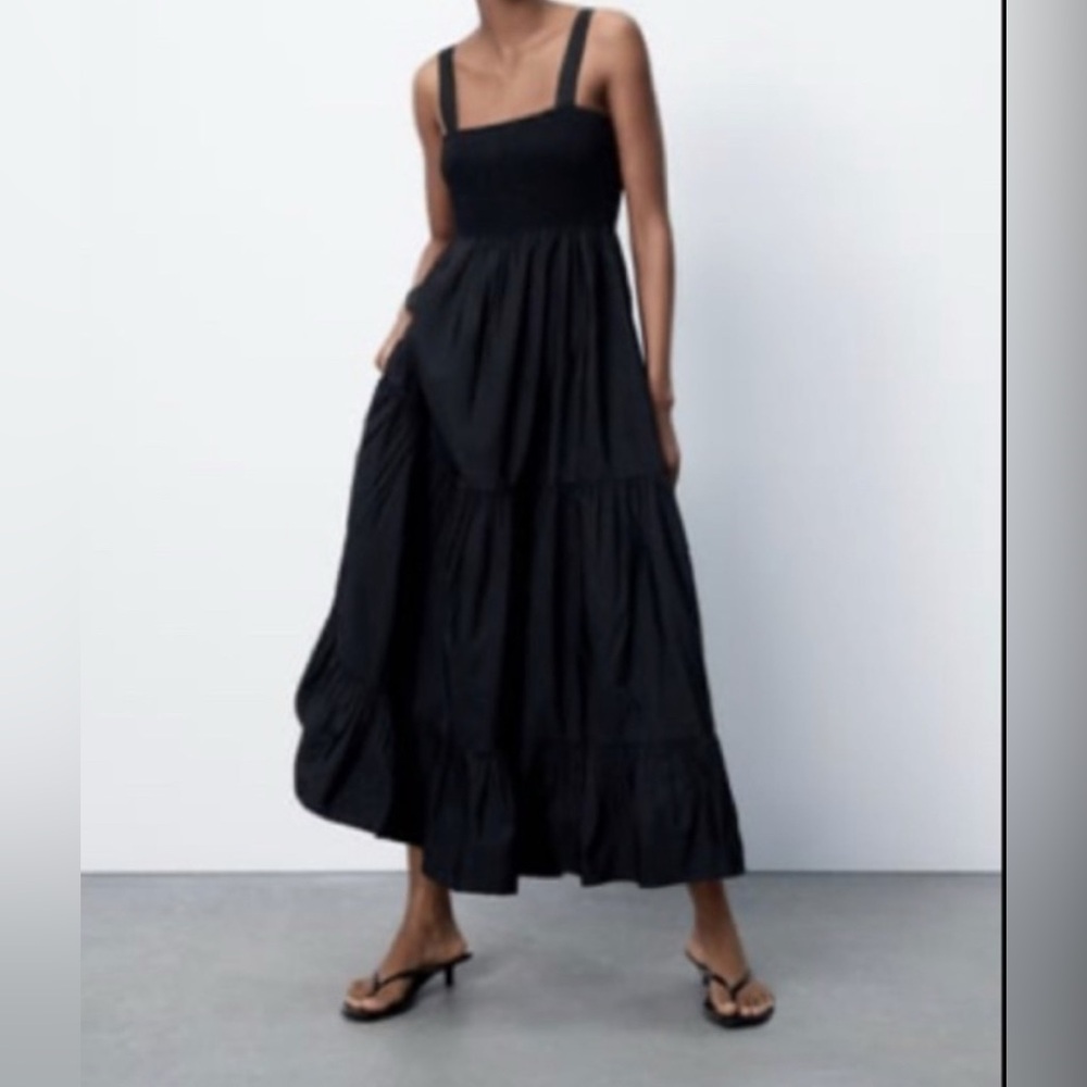 Zara smocked poplin long Dress - Black xs new